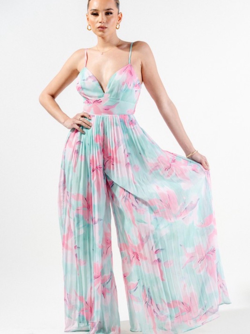 Floral Pleated Wide-Leg Jumpsuit - Pink & Aqua